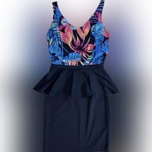 Aqua navy tropical navy blue peplum waist sleeveless dress Small